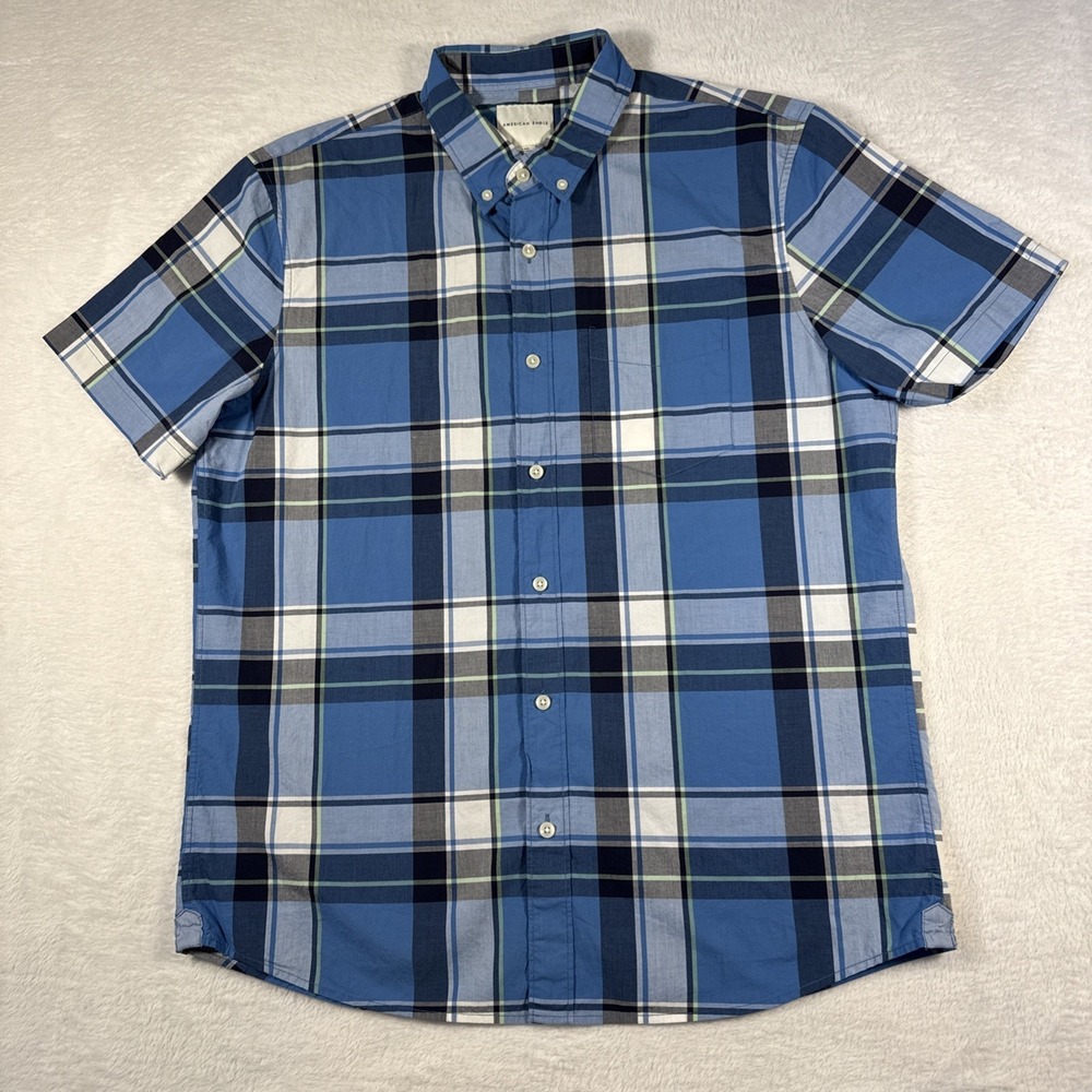American Eagle Men's Large Blue Windowpane Button Down Cotton Short Sleeve
